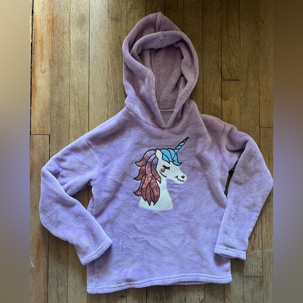 BCBG Girls Purple Sequin Plush Unicorn Long Sleeve Pullover Hoodie Size M 10/12